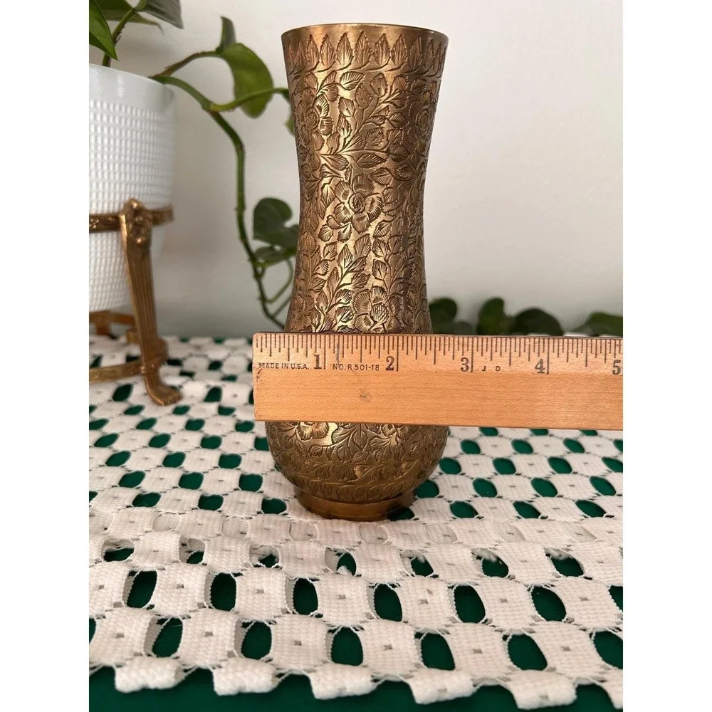 Vintage Etched Brass Floral Vase Made in India BIC 513 Boho Decor 7.5 Inch